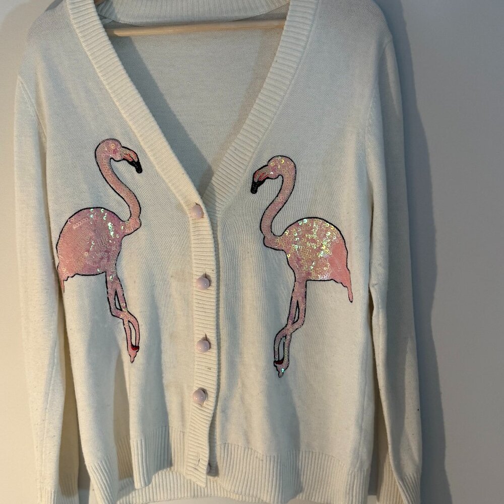 Vintage Sequin Flamingo Cardigan 🦩✨ | Cream Knit | Size M
